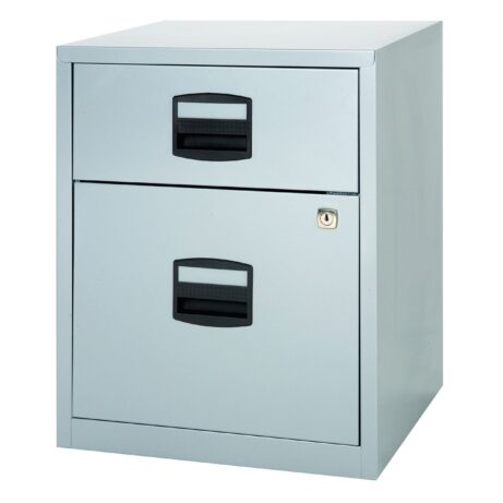 Grey Bisley 2 Drawer A4 Mobile Home Filer with black handles and lockable top drawer.