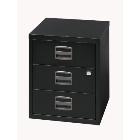 Black Bisley 3 Drawer A4 Mobile Home Filer with metal handles and lockable top drawer.