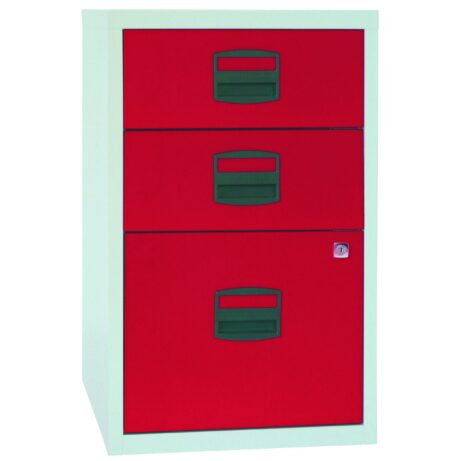 Bisley 3 Drawer A4 Homefiler in grey with red drawers and green handles, featuring a lockable bottom drawer.