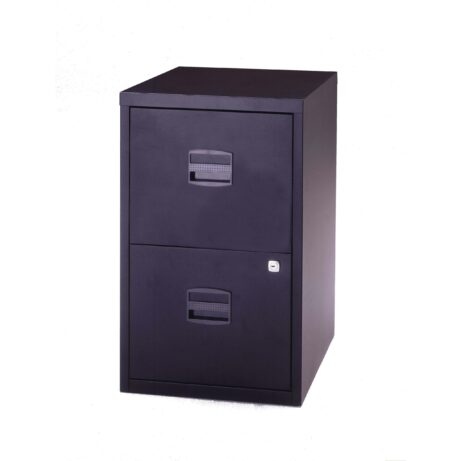 Bisley 2 Drawer A4 Homefiler in black, featuring two drawers with label holders and a lock.