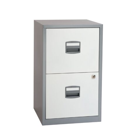 Bisley 2 Drawer A4 Homefiler in silver and white with lockable drawers and label holders.