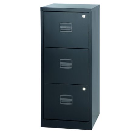 Bisley 3 Drawer A4 Personal Filer in black, featuring three drawers with handle and lock.