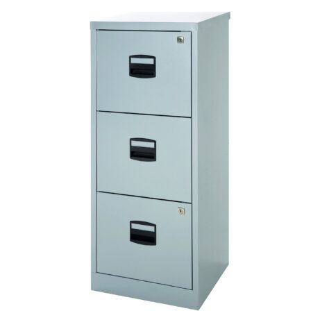Bisley 3 Drawer A4 Personal Filer in grey with three pull-out drawers and a top lockable compartment.