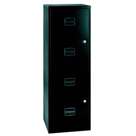 Bisley 4 Drawer A4 Personal Filer in black, featuring four drawers with handles and key locks.