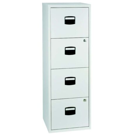 Bisley 4 Drawer A4 Personal Filer in grey with black handles and a secure locking mechanism.