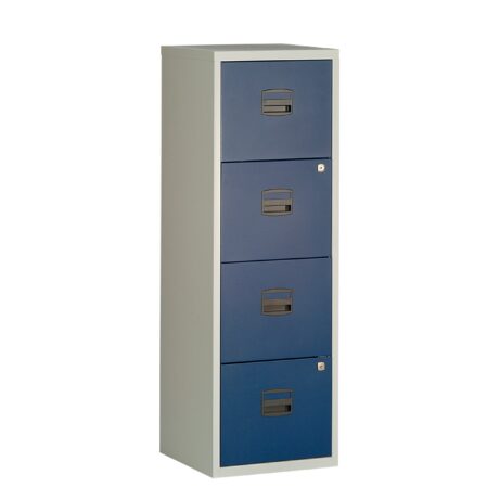 Bisley 4 Drawer A4 Personal Filer in grey with blue drawer fronts, featuring four filing compartments.