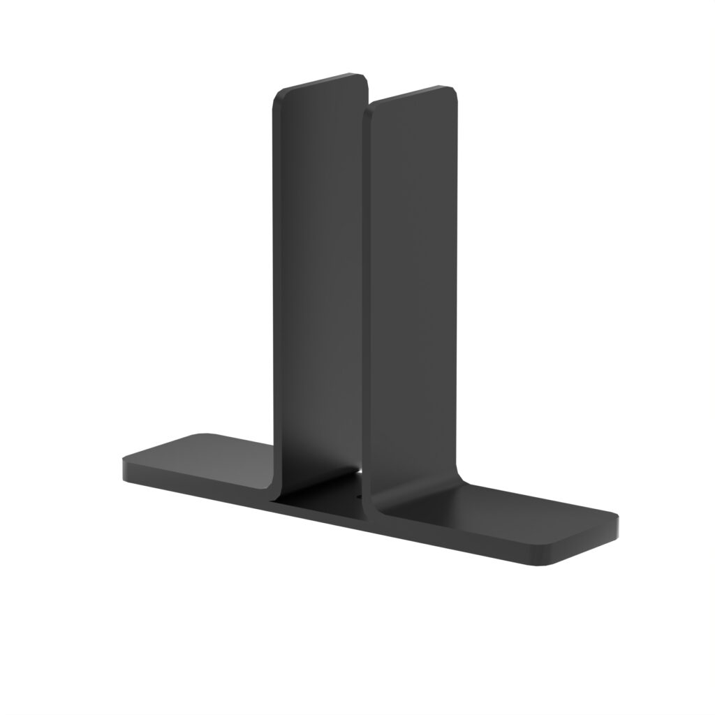 Free standing black clamp set (2) for securing screens, featuring a sturdy base and vertical supports.