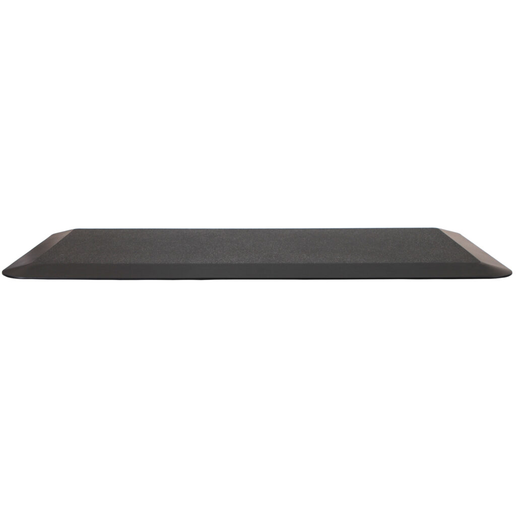 Anti Fatigue Mat in black with textured surface and bevelled edges for comfort and safety while standing.