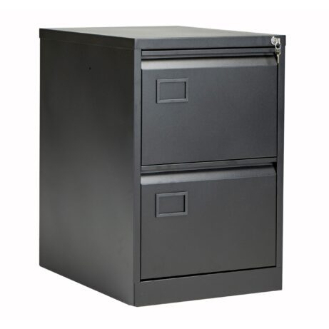 Black Bisley 2 Drawer Contract Steel Filing Cabinet with a secure locking mechanism.