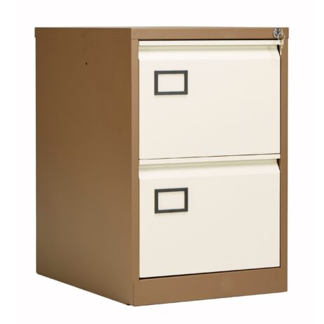 Bisley 2 Drawer Contract Steel Filing Cabinet in Coffee/Cream finish, featuring two locking drawers with label holders.