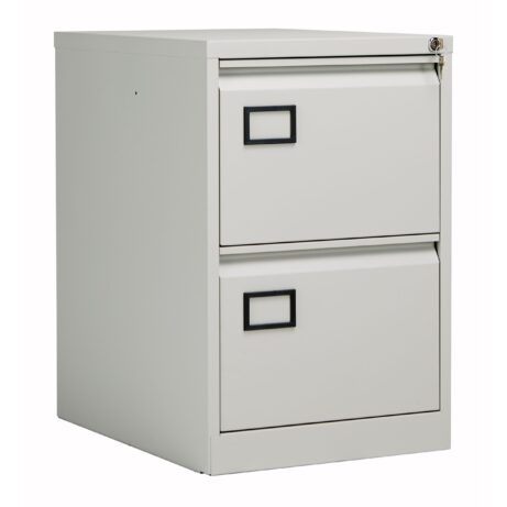 Bisley 2 Drawer Contract Steel Filing Cabinet in Goose Grey with a lock and label holders.