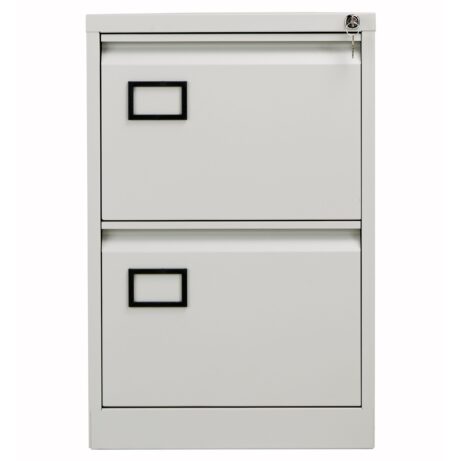 Bisley 2 Drawer Contract Steel Filing Cabinet in light grey with central locking and anti-tilt safety features.