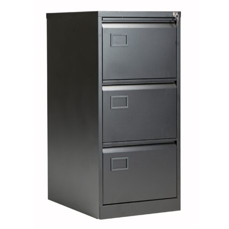 Bisley 3 Drawer Contract Steel Filing Cabinet in black, featuring three spacious drawers and a sleek design.