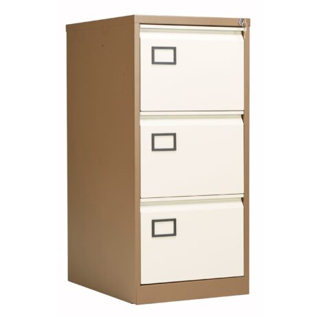Bisley 3 Drawer Contract Steel Filing Cabinet in Coffee and Cream colors, featuring three file drawers with label holders.