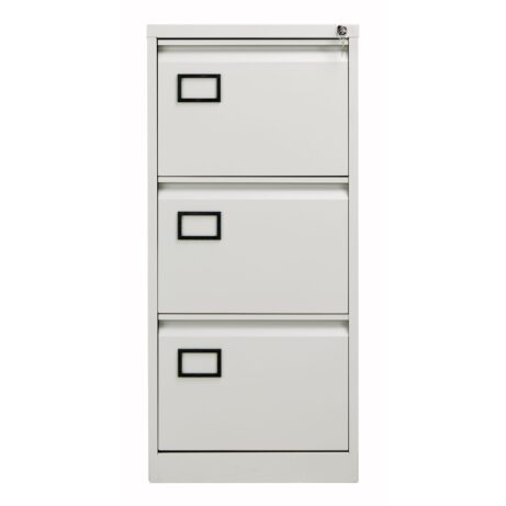 Bisley 3 Drawer Contract Steel Filing Cabinet in light grey, featuring central locking and three deep drawers for organized storage.