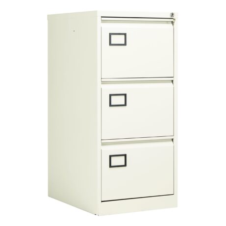 Bisley 3 Drawer Contract Steel Filing Cabinet in Chalk White with three lockable drawers and black handle accents.
