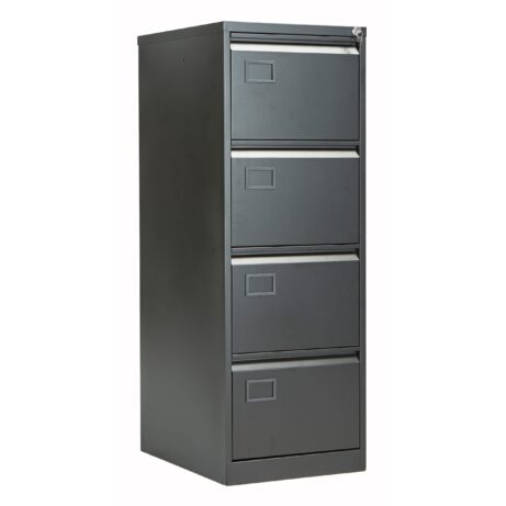 Bisley 4 Drawer Contract Steel Filing Cabinet in black, featuring four spacious drawers and a locking mechanism.