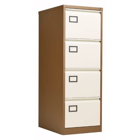 Bisley 4 Drawer Contract Steel Filing Cabinet in Coffee/Cream with four cream drawers and black label holders.