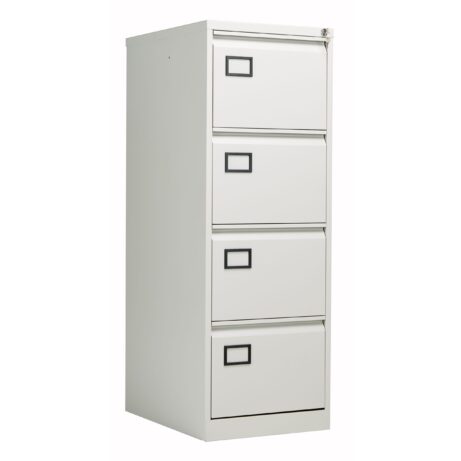 Bisley 4 Drawer Contract Steel Filing Cabinet in Goose Grey with a lockable top drawer and label holders.