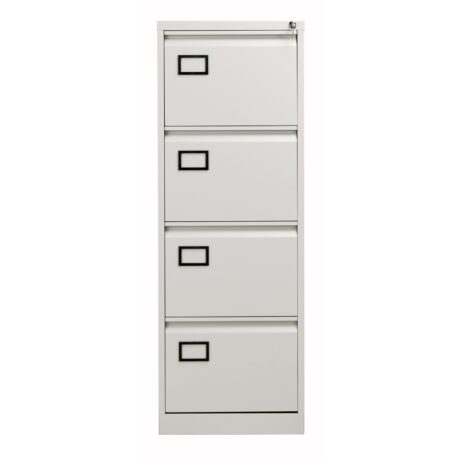 Bisley 4 Drawer Contract Steel Filing Cabinet in white, featuring recessed handles and central locking for secure storage.