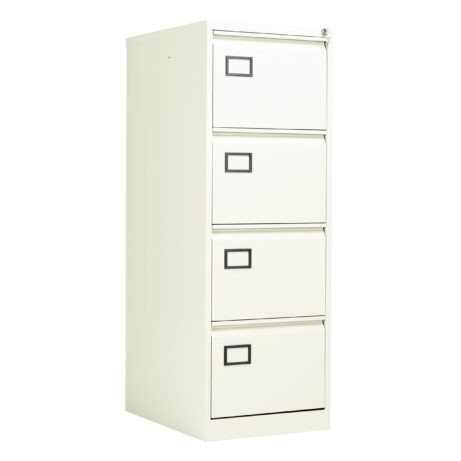 Bisley 4 Drawer Contract Steel Filing Cabinet in Chalk White with black handles. Ideal for organized storage.