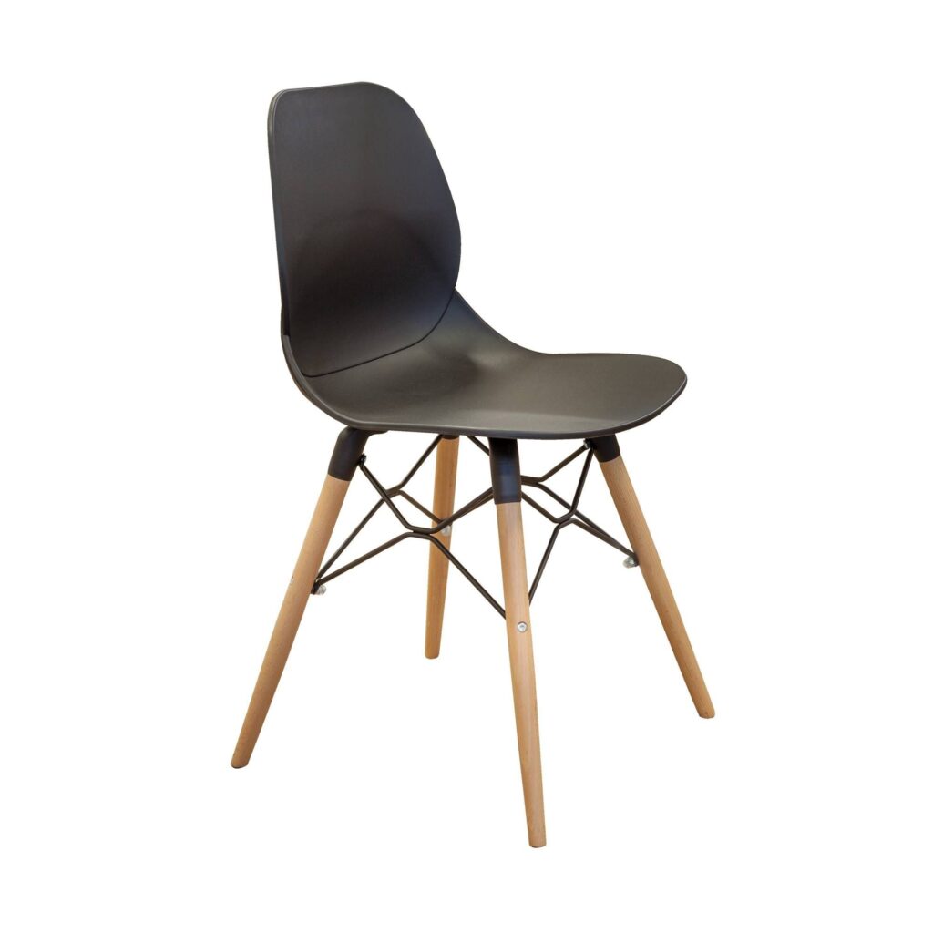 AQUILO black shell chair with wooden legs, ideal for breakout, café, and meeting spaces, compact design for tight layouts.