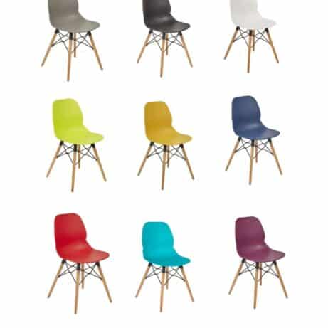 Nine AQUILO café chairs in various shell colors, featuring wood legs, ideal for flexible meeting and breakout spaces.