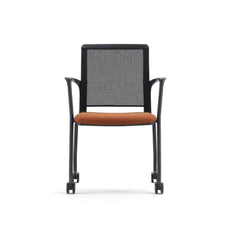 Avior Mesh chair featuring a black mesh back, orange upholstered seat, and wheeled frame for easy mobility.