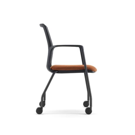 Avior Mesh chair featuring a wheeled design, black frame, and upholstered orange seat with a mesh back.