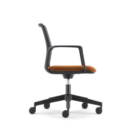 Avior Mesh chair with mesh back, orange upholstered seat, and five-star wheeled base for mobility.