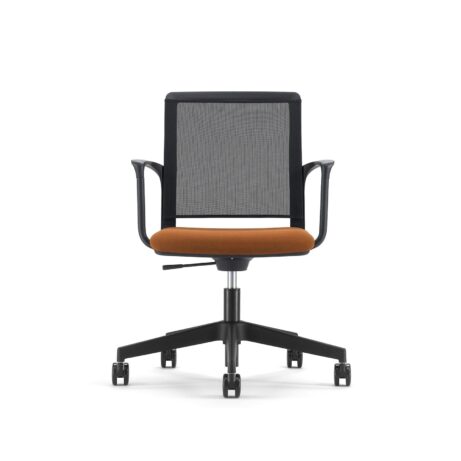 Avior Mesh executive chair with orange upholstered seat, mesh back, and black wheeled base for easy mobility.