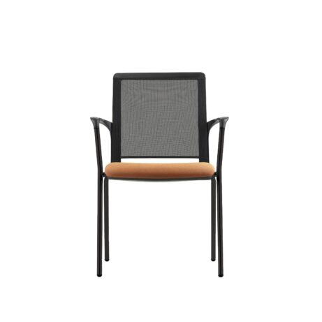 Avior Mesh executive chair with a black mesh back and upholstered orange seat, featuring a sleek 4-legged frame.