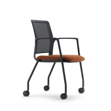 Avior Mesh meeting chair with black frame, mesh back, and upholstered orange seat on wheels for easy mobility.