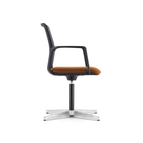 Avior Mesh chair with orange upholstered seat, black mesh back, and chrome swivel base. Ideal for meetings and visitors.