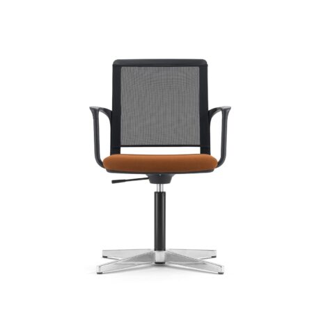 Avior Mesh executive chair with an orange upholstered seat and black mesh back on a chrome swivel base.