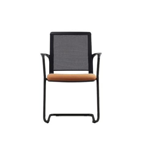 Avior Mesh chair with cantilever frame, featuring a mesh back and upholstered orange seat. Ideal for meetings and visitors.