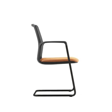 Avior Mesh cantilever chair with a mesh back and upholstered orange seat, featuring a sleek black frame.