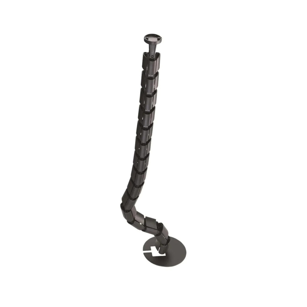 Black Universal Cable Management Spine with a sleek, curved design for organizing cables efficiently.