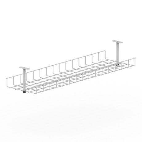 Silver cable management basket for Evolve/Impulse B2B desk, designed to organize and conceal cables.
