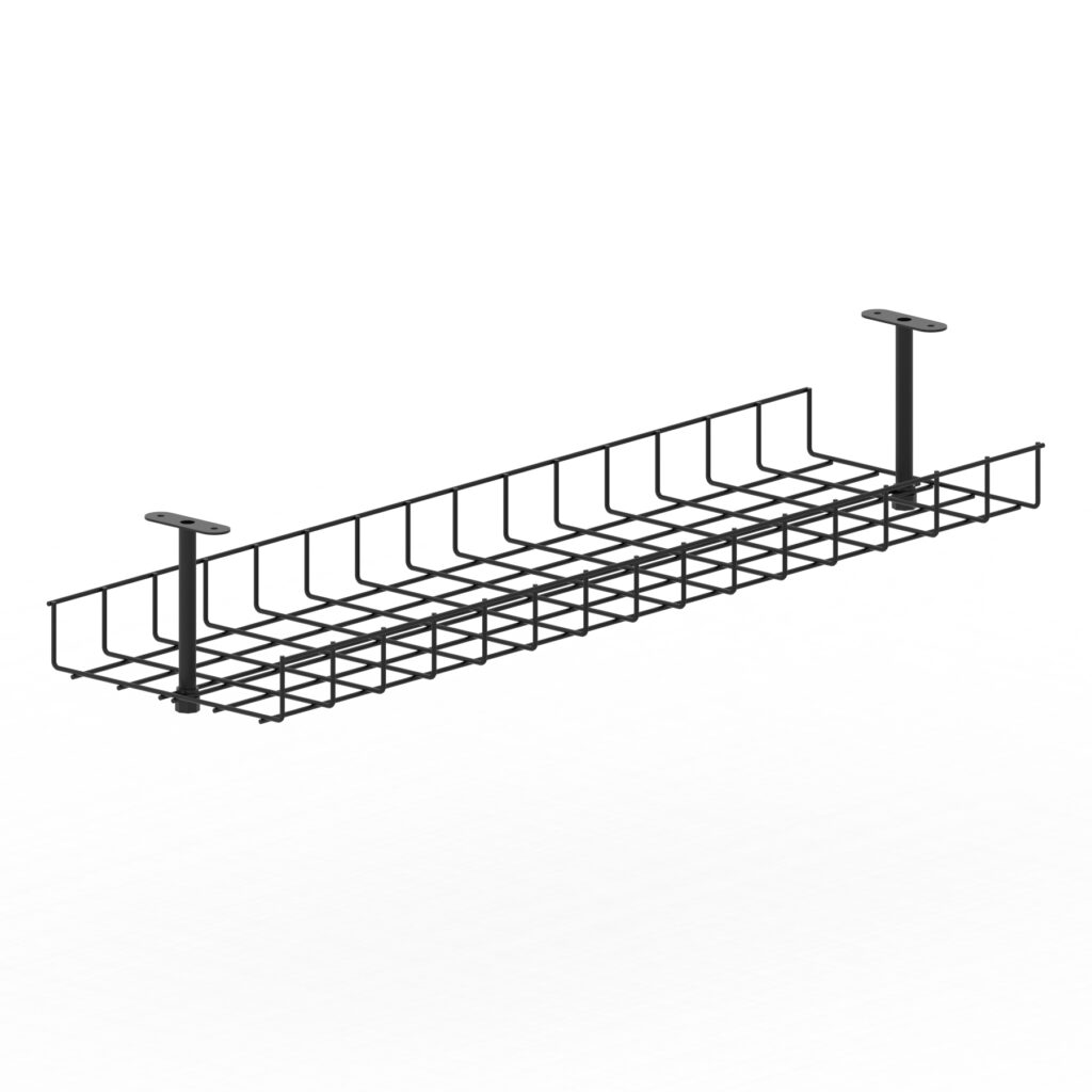 Evolve Impulse B2B desk cable management basket in black for organized wire management.