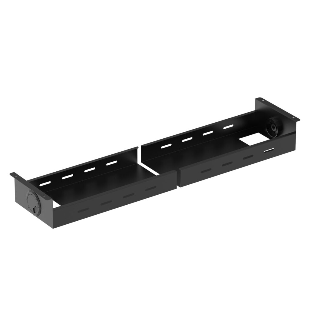 Evolve/Impulse B2B Telescopic Cable Tray in black, featuring openings for cable management and a sleek design.