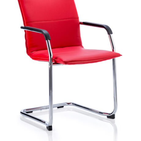 Echo Medium Back Leather Cantilever Visitor Chair with Arms in red, featuring a chrome frame and sleek design.