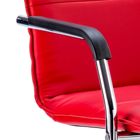 Echo Medium Back Leather Cantilever Visitor Chair, red leather upholstery, chrome cantilever frame, features padded arms for comfort.