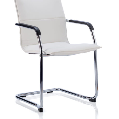 Echo Medium Back Leather Cantilever Visitor Chair with Arms in white, featuring chrome finish and padded seat.