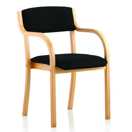 Madrid Wooden Frame Visitor Chair with arms, featuring a black fabric seat and backrest with a natural wood frame.