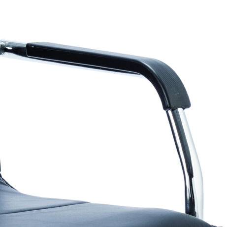 Echo Medium Back Leather Cantilever Visitor Chair with chrome frame and arms, featuring durable black leather upholstery.