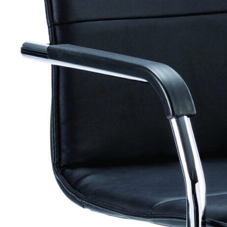 Echo Medium Back Leather Cantilever Visitor Chair with Arms, featuring a chrome frame and black leather upholstery.