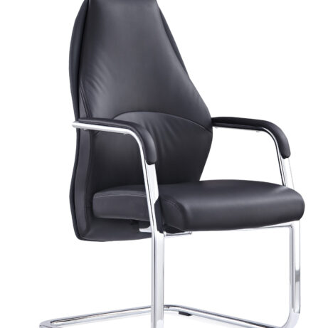 High back black leather cantilever visitor office chair with chrome arms and frame.