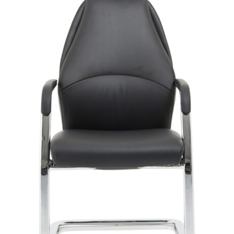 Mien High Back Leather Cantilever Visitor Office Chair with chrome frame and black leather upholstery, suitable for meetings and reception.