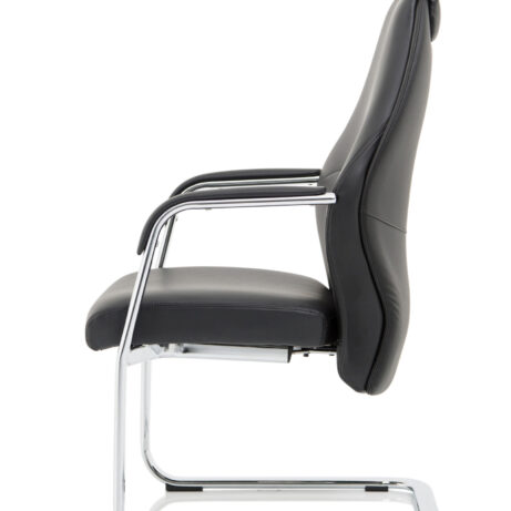 Mien High Back Leather Cantilever Visitor Office Chair with tall back, chrome frame, and black leather upholstery.